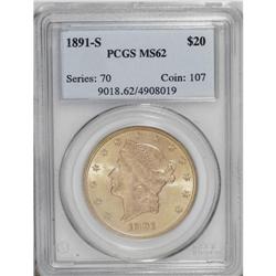 1891-S $20 MS62 PCGS. A highly lustrous honey-gold coi 