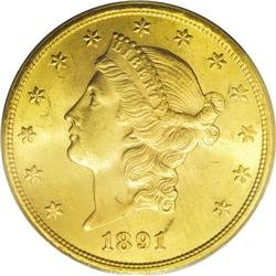 1891-S $20 MS63 PCGS. Medium S. E PLURIBUS UNUM, TWENT 