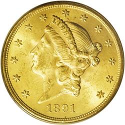 1891-S $20 MS63 PCGS. Well struck and lustrous, with r 