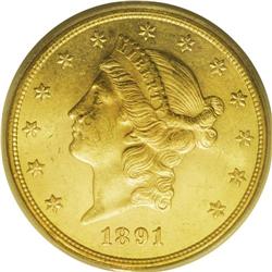 1891-S $20 MS63 PCGS. The yellow-orange fields are con 