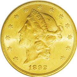 1892-S $20 MS63 PCGS. A fully lustrous and lightly abr 