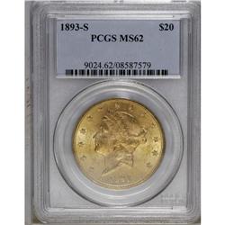 1893-S $20 MS62 PCGS. The devices are sharply defined 
