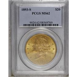 1893-S $20 MS62 PCGS. The satiny orange-gold surfaces 