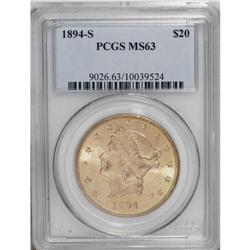1894-S $20 MS63 PCGS. Peach-gold coloration graces the 
