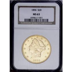 1896 $20 MS63 NGC. A solidly struck example with apric 