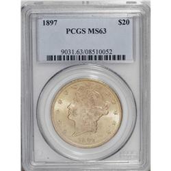 1897 $20 MS63 PCGS. This wheat-gold piece has a lone c 