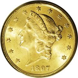 1897-S $20 MS64 PCGS. This lovely near-Gem is sharply 