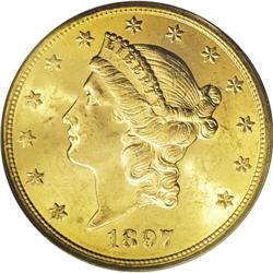 1897-S $20 MS64 PCGS. Well struck with bright, corusca 