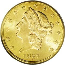 1897-S $20 MS64 PCGS. This attractive green-gold doubl 