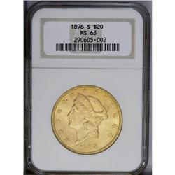 1898-S $20 MS63 NGC. A crisply struck piece with highl 