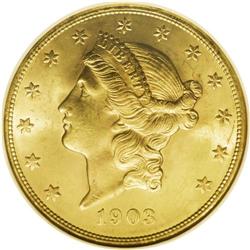 1903 $20 MS65 NGC. Sharply struck with a lavish satiny 