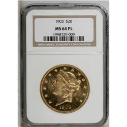 1903 $20 MS64 Prooflike NGC. A boldly impressed near-G 