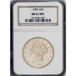 1904 $20 MS61 Deep Mirror Prooflike NGC. A boldly stru 