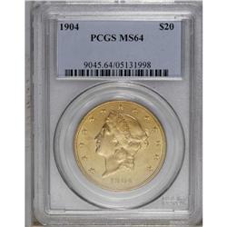 1904 $20 MS64 PCGS. Sharply detailed with traces of re 