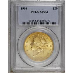 1904 $20 MS64 PCGS. The highly lustrous honey-gold dev 