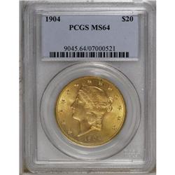 1904 $20 MS64 PCGS. A yellow-orange example that has s 