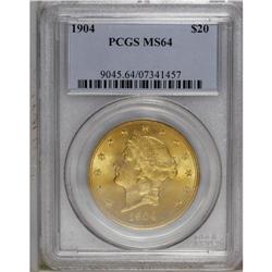 1904 $20 MS64 PCGS. The devices on each side are boldl 