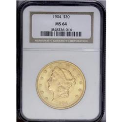 1904 $20 MS64 NGC. Choice and well-preserved with only 