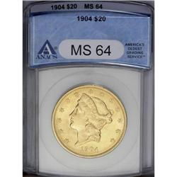 1904 $20 MS64 ANACS. An appealing near-Gem example of 