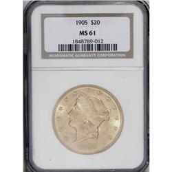 1905 $20 MS61 NGC. A highly lustrous peach-gold exampl 