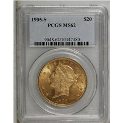 1905-S $20 MS62 PCGS. A solidly struck, albeit moderat 