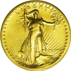 1907 $20 High Relief, Flat Rim AU50 PCGS. Its unusual 