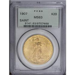 1907 $20 Arabic Numerals MS63 PCGS. A solidly struck p 