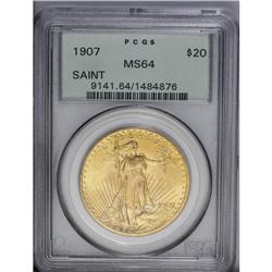 1907 $20 Arabic Numerals MS64 PCGS. Peach accents appe 