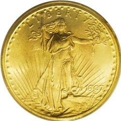 1907 $20 Arabic Numerals MS65 PCGS. Pumpkin-orange cen 