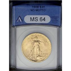 1908 $20 No Motto MS64 ANACS. Highly lustrous and soli 