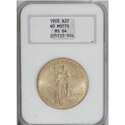 1908 $20 No Motto MS64 NGC. Long Rays Subtype. A radia 