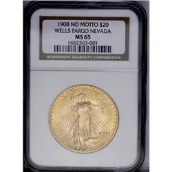 1908 $20 No Motto MS65 NGC. Ex: Wells Fargo Nevada Gol 