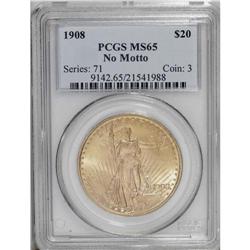1908 $20 No Motto MS65 PCGS. A highly lustrous and sha 