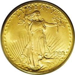 1908 $20 No Motto MS66 PCGS. More than 95% of the coin 