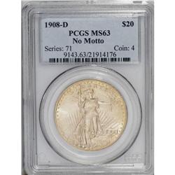 1908-D $20 No Motto MS63 PCGS. A lustrous lemon-yellow 