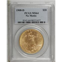 1908-D $20 No Motto MS64 PCGS. Long Rays Obverse. A sa 
