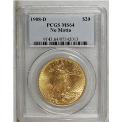 1908-D $20 No Motto MS64 PCGS. Long Rays Obverse. Vibr 