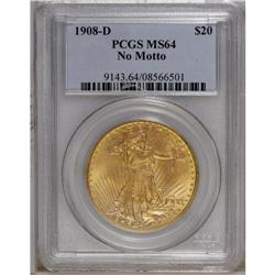 1908-D $20 No Motto MS64 PCGS. Long Rays Obverse. A sa 