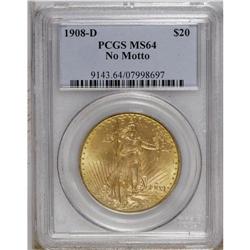 1908-D $20 No Motto MS64 PCGS. Short Rays Obverse. An 
