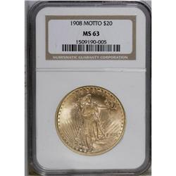 1908 $20 Motto MS63 NGC. Highly lustrous, though the s 