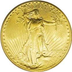 1908 $20 Motto MS64 PCGS. Flashy bright golden surface 