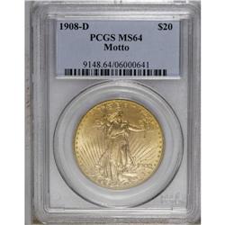 1908-D $20 Motto MS64 PCGS. A nicely struck double eag 