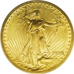 1909 $20 MS64 PCGS. The bright surfaces of this near-G 