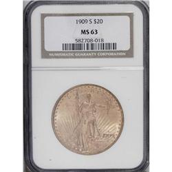 1909-S $20 MS63 NGC. Select and solidly struck with su 