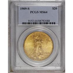 1909-S $20 MS64 PCGS. The yellow-orange surfaces of th 