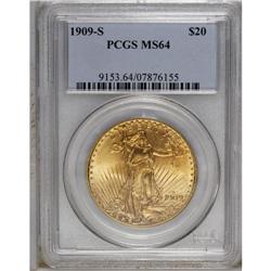 1909-S $20 MS64 PCGS. Choice with salmon and green acc 