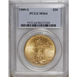 1909-S $20 MS64 PCGS. A solidly struck and luminous ne 