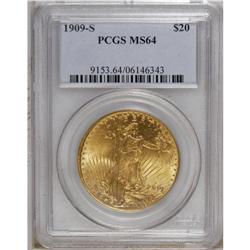 1909-S $20 MS64 PCGS. Well struck with softly frosted 