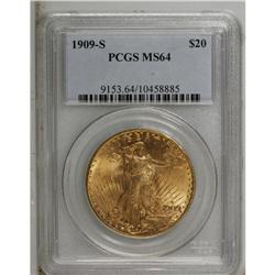 1909-S $20 MS64 PCGS. Nicely struck with pleasing lust 