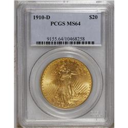 1910-D $20 MS64 PCGS. Rich yellow-orange surfaces pale 